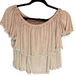 POL Blush Off-Shoulder Ruffle Top with Lace Trim